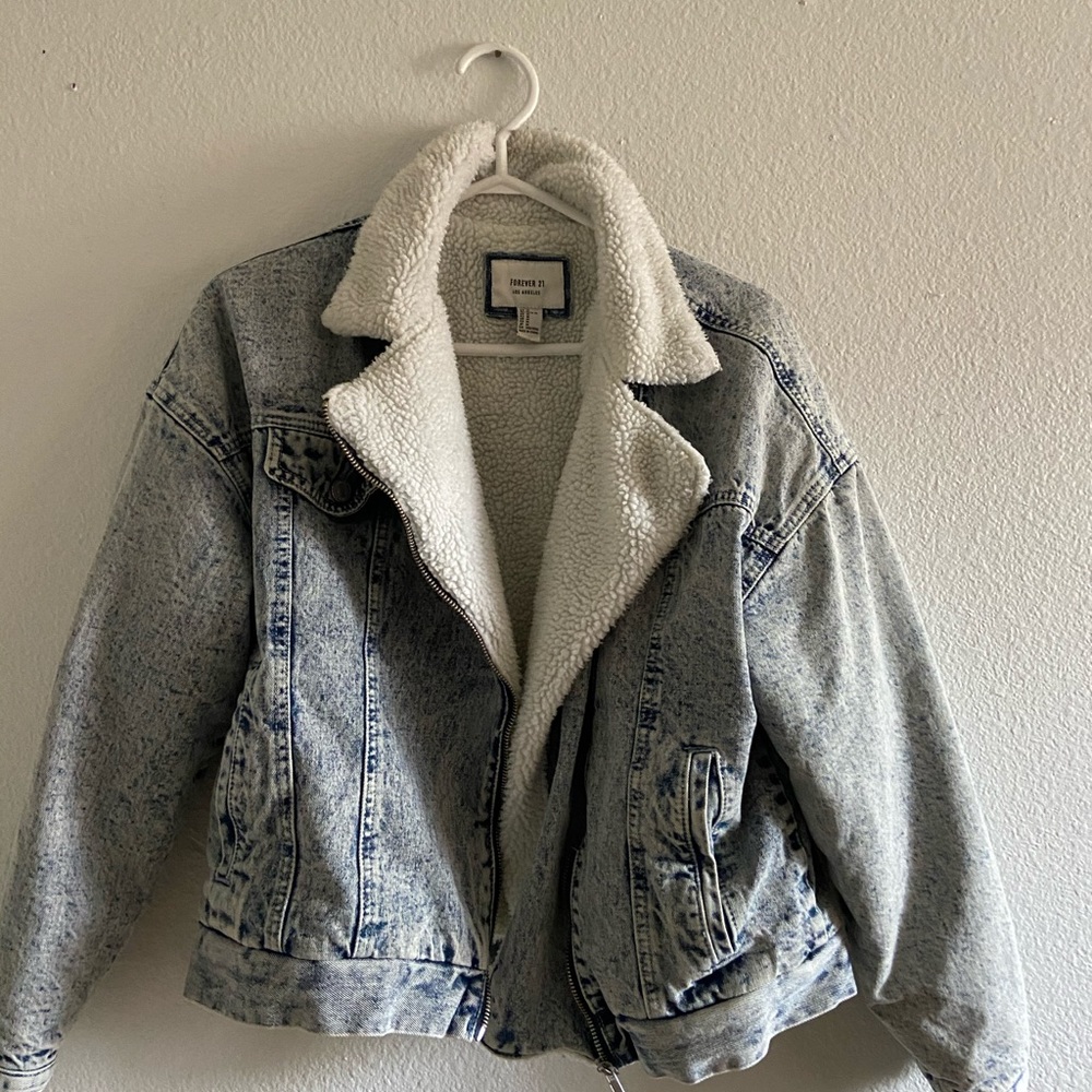 Denim fluffy bomber jacket